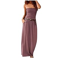 Women's Bohemian Beach Flowy Round Neck Trendy Dress Casual Summer Swing Sleeveless Long Floor Maxi Solid Color Purple