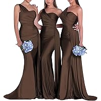 Women's One Shoulder Mermaid Bridesmaid Dresses Long Ruched Bodycon Satin Formal Prom Gowns YZTS068