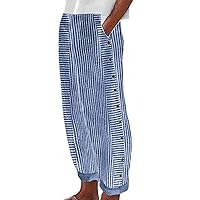 Striped Linen Pants Women Straight Leg Side Button Down Olzeep Womens Pants High Waist Lightweight Loose Trousers with Pocket