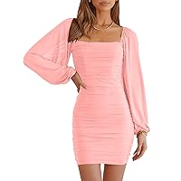 ANRABESS Women's Square Neck Mesh Long Sleeve Ruched Bodycon Mini Dress Party Club Cocktail Short Dresses