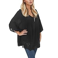 Women's V Neck Trendy Tops Pleated Cute Linen T Shirts Ruffle Loose Fitting Casual Tee Shirts Button Plus Size Lace