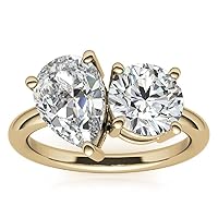 10K Solid Yellow Gold Handmade Engagement Rings 2.0 CT Round & Pear Manual Cut Premium Simulated Diamond Solitaire Wedding/Bridal Ring Set for Women/Her Propose Rings