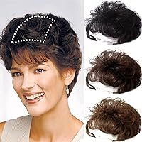 Short Curly Real Human Hair Topper with Front Bangs for Women,Breathable Wiglets Hairpieces 5.1x5.1 Large Coverage Women Toupee Clip in Top Wavy Hair Pieces Topper(10