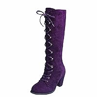 Women Fashion Casual Vintage Retro Mid-Calf Boots Lace Up Thick Heels Shoes