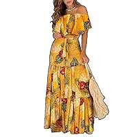 Women's Dress Summer Ruffle Edge Off The Shoulder Lace Up Printed Long Skirt
