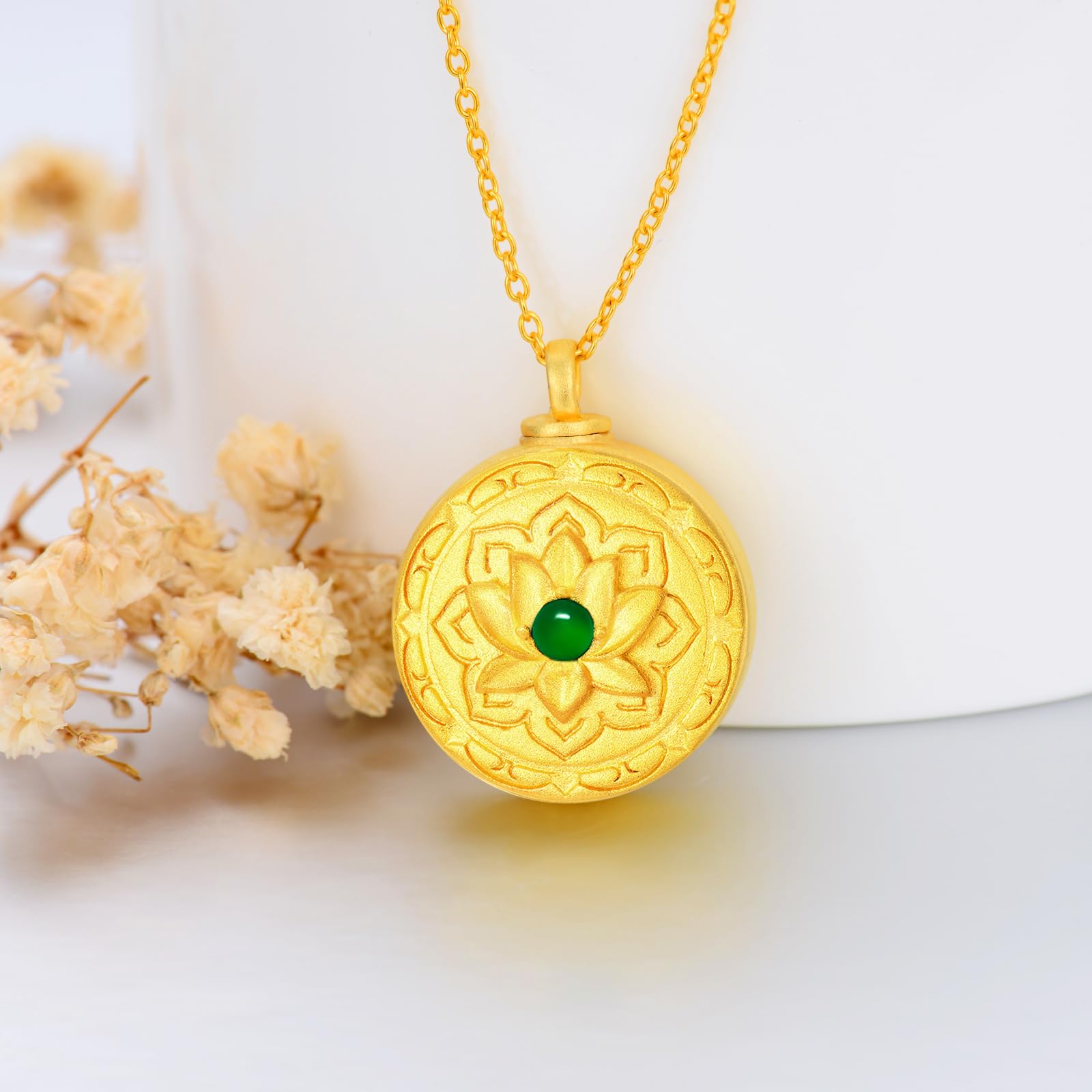 SOULMEET Real Gold Emerald Cremation Jewelry for Ashes, Personalized Gold Sunflower/Lotus/Rose/Cross/Medal Round Ashes Locket Necklace Natural Gemstone Urn Jewelry