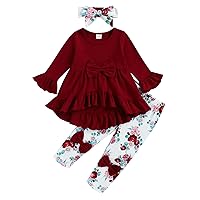 Viworld Toddler Baby Girls Clothes Little Girl Ruffle Long Sleeve Tops Dress Floral Pants with Headband 3PCS Outfits Set
