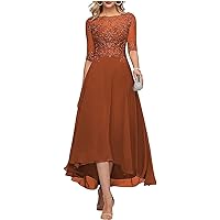 Tea Length Mother of The Bride Dresses for Wedding Lace Applique Scoop Neck Formal Party Evening Proms with Half Sleeve
