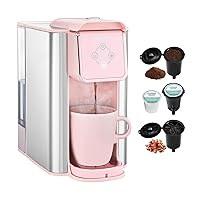 Pink Coffee Maker 3-in-1 Single Serve Coffee Machine, For Flat Bottom Coffee Capsule, Ground Coffee, 6 to 10 Ounce Cup, Removable 50 Oz Water Reservoir, 120V 1150W