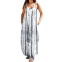 Womens Sleeveless Sundress Long Dress Spaghetti Strap Boho V Neck Casual Loose Floor Length Maxi Dresses with Pocket