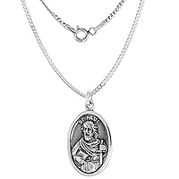 Sterling Silver St Paul Medal Necklace Oxidized finish Oval 1.8mm Chain