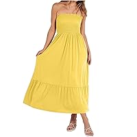 Women's 2024 Summer Boho Smocked Dress, Strapless Off Shoulder Lace Trim Backless Sundresses, Flowy A Line Beach Maxi Dress