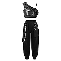 YiZYiF Kids Girls Hip Hop Clothes 2 Piece Outfits Sequin Sleeveless Ruffle Crop Tops Cargo Pants Set Jazz Street Dancewear