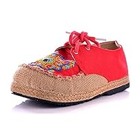 Women's Handmade Embroidery Authentic & Original China Made Espadrille Round Toe Slip-on Linen Canvas Chinese Flats Shoe (8, red 2)
