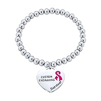 Personalize Engravable Medical ID Pink Ribbon Cancer Survivor Stretch Bracelet Heart Shape Charm Tag For Women
