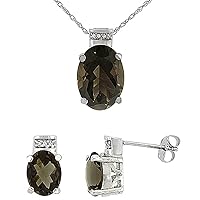10K White Gold Diamond Natural Smoky Topaz Earring Necklace Set Oval 8x6mm & 14x10mm, 18 inch long