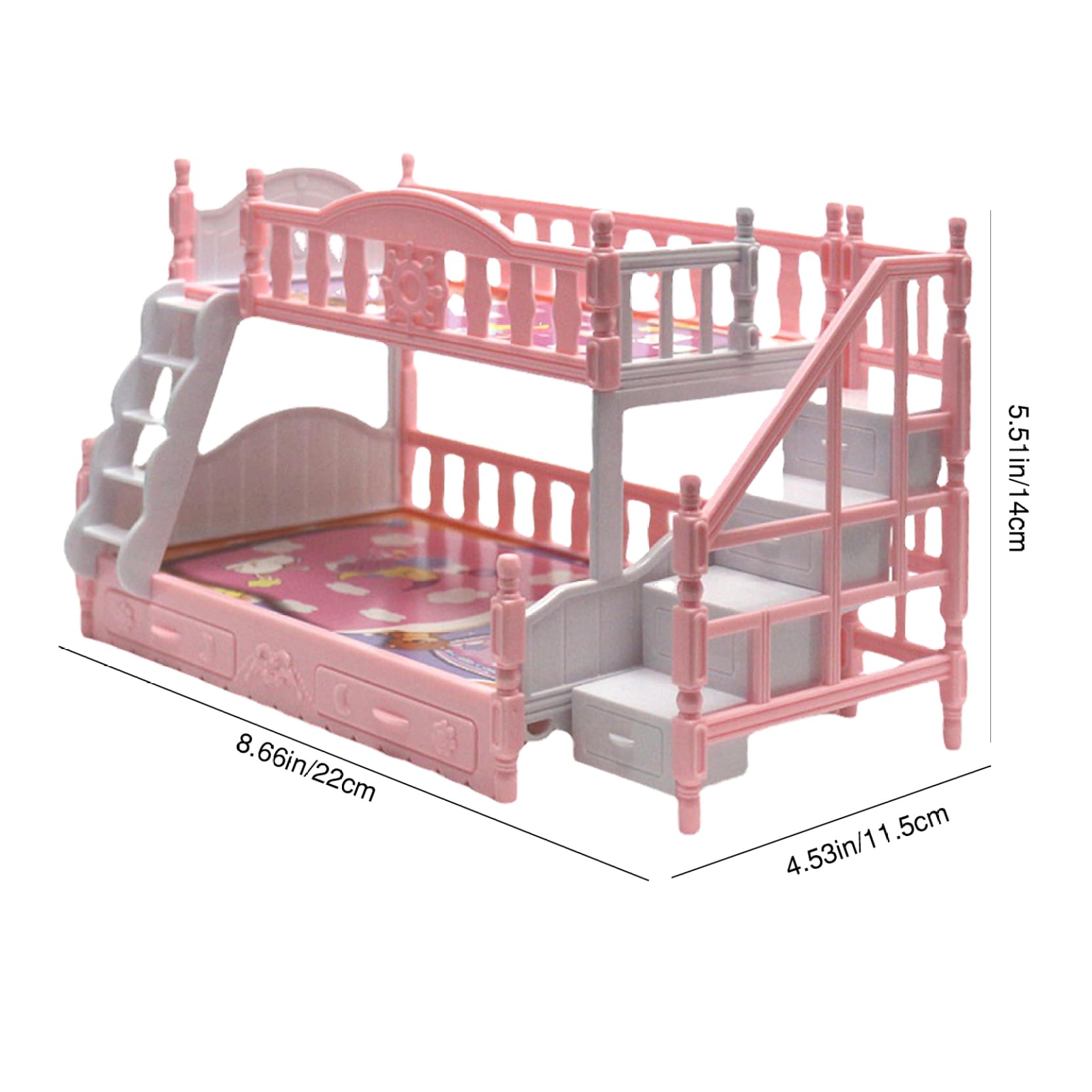 Baby Doll Bunk Bed for Girls Baby Doll Miniature Simulation Cute Cartoon Baby Doll Cot with Stairs Plastic Dollhouse Furniture Birthday Gift