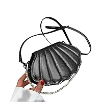 Women Pearl Chain Handbag Purse Shell Shape Crossbody Bag PU Shoulder Bag Ins (black)