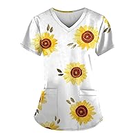 Boho Floral Scrubs Top Women V Neck Stretchy Summer Short Sleeve Uniforms with Pockets Silm Fit Nurse Workwear