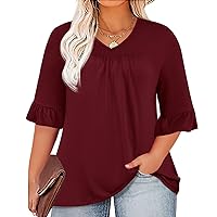 Micoson Womens Plus Size Tops 3/4 Ruffle Sleeve Shirt Casual V Neck Pleated T Shirt Loose Fit Tunic Blouse(1X-5X)
