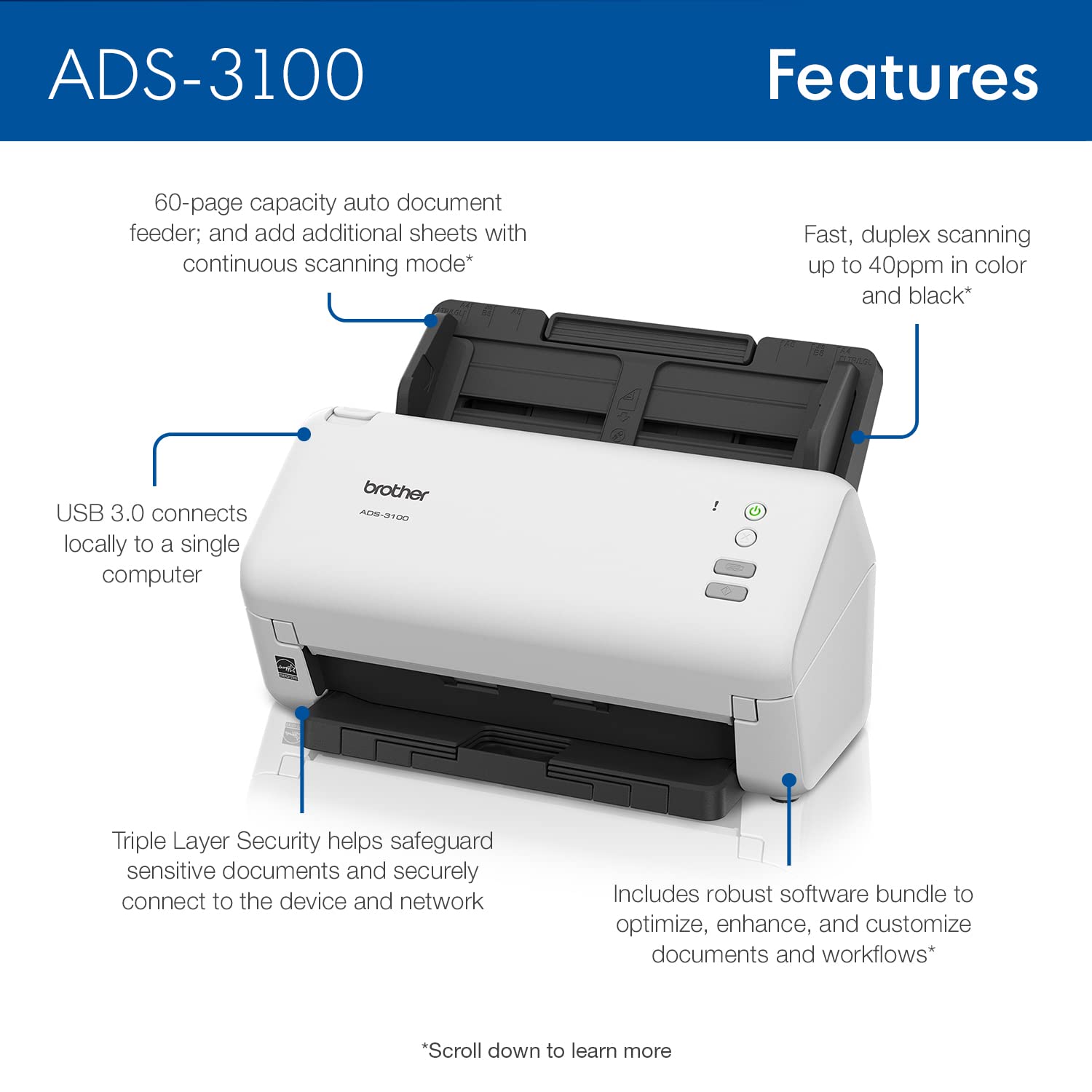 Brother ADS-3100 High-Speed Desktop Scanner | Compact with Scan Speeds of Up to 40ppm