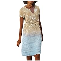 Womens Summer Dresses,T Shirt Dresses Loose Short Sleeve V Neck Tank Dress Midi Length Vintage Floral Print Beach Dress