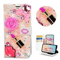STENES Bling Wallet Phone Case Compatible with iPhone 13 6.1 inch 2021 Case - Stylish - 3D Handmade Lips Lipstick Flowers Bowknot Magnetic Wallet Stand Leather Cover Case - Pink