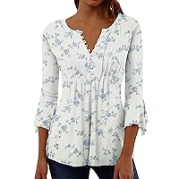 Fall Office Casual Shirts Female 3/4 Sleeve Tunic Print V Neck Shirt Stretch Comfy Button Down Shirt Womans