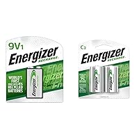 Energizer Rechargeable C Batteries, Recharge C Battery Precharged and Rechargeable 9V Battery Combo Pack, 6 Count