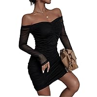Dresses for Women Off Shoulder Mesh Panel Ruched Bodycon Dress