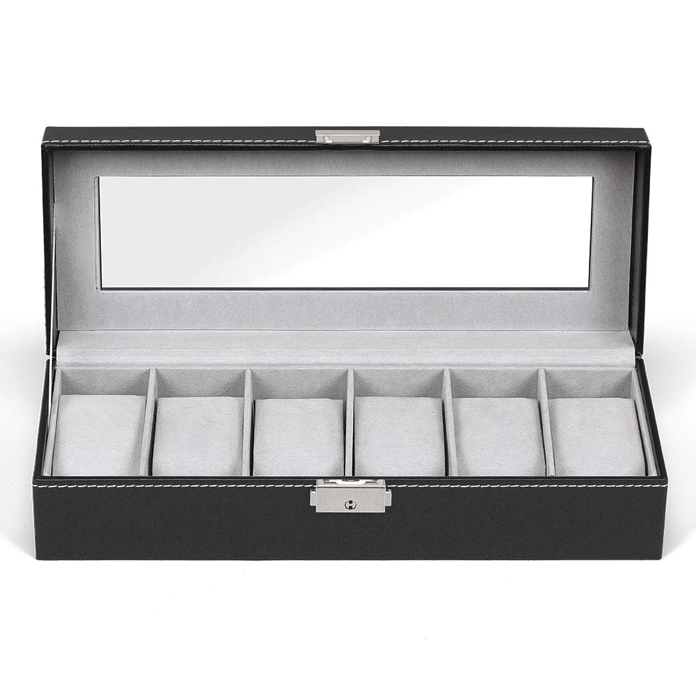 NEX 6 Slots Watch Box Organizer for Men, Black Watch Stand Display Storage Case Holiday Gift