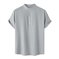 Men's Linen Henley Shirts Short Sleeve Casual Stand Collar Shirt Summer Beach Hippie T Shirts Fashion Polo Shirts