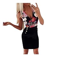 Women Sexy Dress for Party Multicolor V-Neck Printed Side Pockets Slim Hips Dress