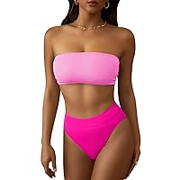 Pink Queen Women's Ribbed High Waisted Bikini Set Removable Strap Bandeau Swimsuit