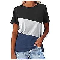 Women's Classic Twill Colorblock Short Sleeve Summer Fashion Tunic Blouses Casual Crew Neck T-Shirt Beach Tees