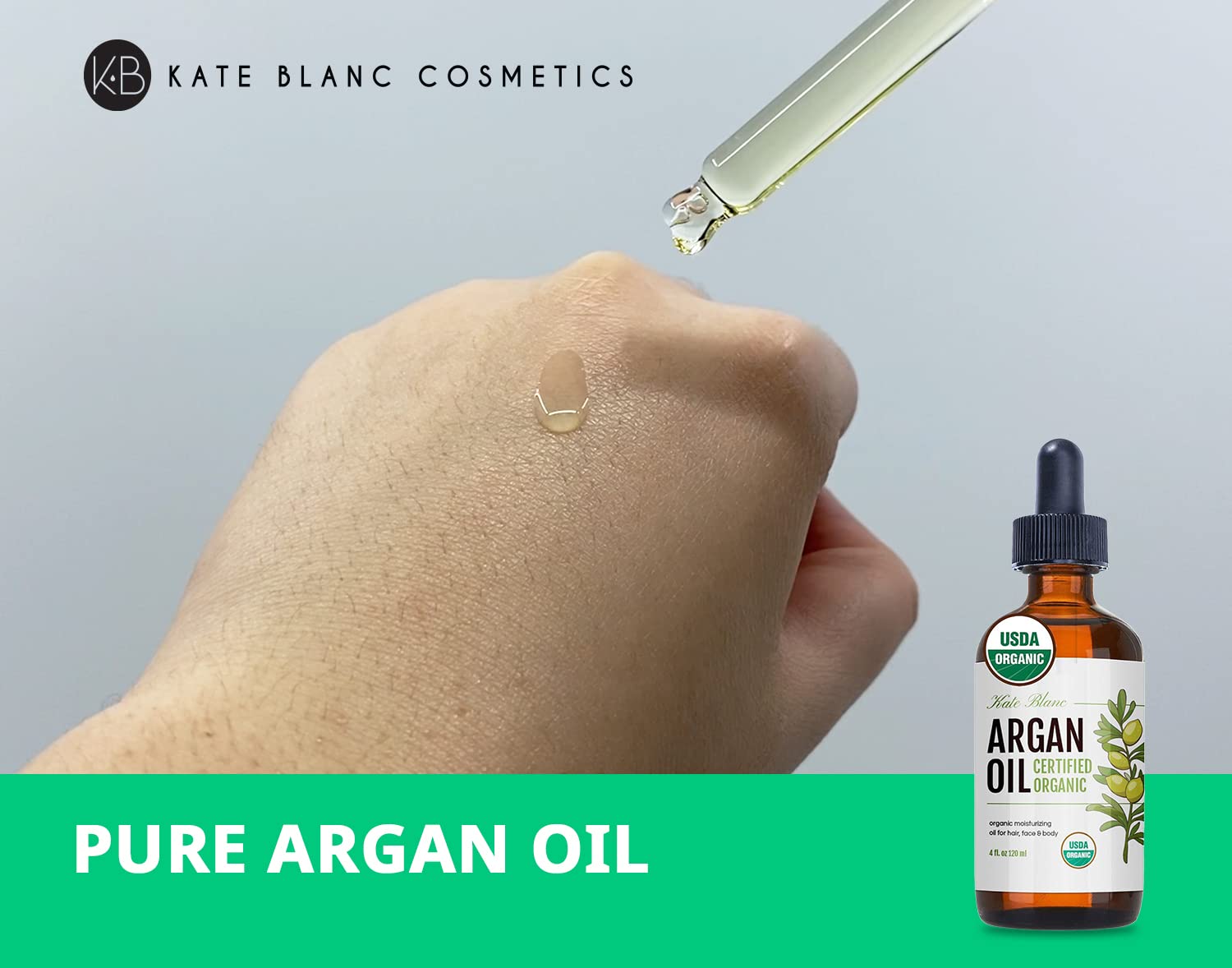 Kate Blanc Cosmetics Argan Oil for Hair and Skin 100% Pure Cold Pressed Organic Argan Hair Oil for Curly Frizzy Hair. Stimulate Growth for Dry Damaged Hair. Moroccan Skin Moisturizer (Light 4oz)