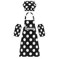 Black White Polka Dots Custom Kids Apron and Chef Hat Set of 3 Personalized Kids Cooking Apron with Pockets for Girls Cooking Kitchen Boys Baking Art Painting