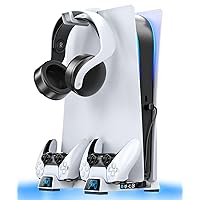 OIVO PS5 Stand with Cooling Fan and Headphone Holder, PS5 Controller Charger for PS5 Controller, Space Saving 10 Game Storage for Playstation 5 Console