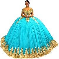 Women's Off Shoulder Appliques Sweet 16 Quinceanera Dresses Tulle Prom Party Dress Ball Gown