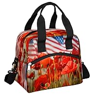 Insulated Lunch Bag for Women Men, America Poppy Floral Reusable Lunch Box,Thermal Cooler Tote Bag Organizer with Adjustable Shoulder Strap,Lunch Container for Work Picnic Hiking Beach