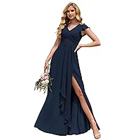 Tsbridal V-Neck Pleated Bridesmaid Dresses Chiffon Long 2023 A-Line Short Sleeve Wedding Party Gown