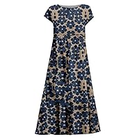 Women's Dresses Summer Dress Casual Fashion Ladies Round Neck Short Sleeve Floral Print Dress(A,Large