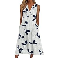 Women's 2024 Sundresses Casual Summer Tank Dress V Neck Sleeveless Button Down Midi Floral Beach Dress with Pockets