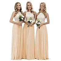 Women's Lace Chiffon Bridesmaid Dress A Line Sleeveless Evening Wedding Party Gown Peach