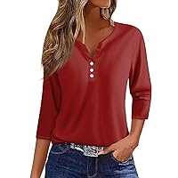 Womens 3/4 Length Sleeve Tops Casual Solid Button Down Loose Basic Shirts Spring Summer Trendy V-Neck Blouse