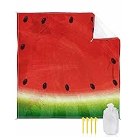 Beach Blanket Waterproof Sandproof Beach Mat,Summer Watercolor Watermelon Picnic Blankets with Sand Pockets and Stakes,Red Green Fruit Black Oval Outdoor Pad for Seaside,Travel,Camping 108x84In