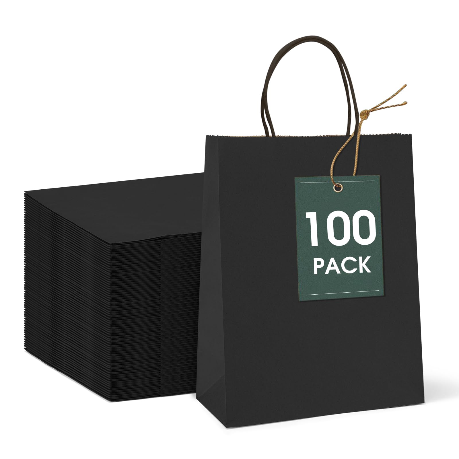 GSSUSA 100 Pack 8x4.75x10'' Paper Bags with Handles Bulk, Black Paper Gift Bags for Small Business, Sturdy Grocery Retail Shopping Bags, Birthday Party Favor Bags, Craft Bags, Kraft Bags
