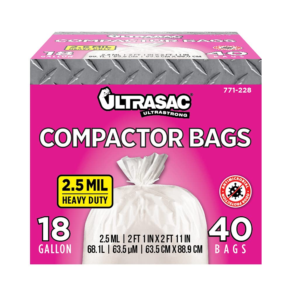 Ultrasac Trash Compactor Bags - (40 Pack with Ties) 18 Gallon for 15 inch Compactors - 25