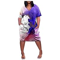 Women Plus Size Dresses 2023 Summer Short Sleeve Casual Print T-Shirt Swing Fashion Oversized Dress with Pockets