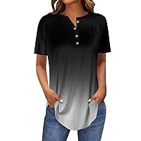 Flowy Tops for Women V Neck Button Short Sleeve Tee T Shirts Summer Henley Pullover Casual Gradient Color Shirts
